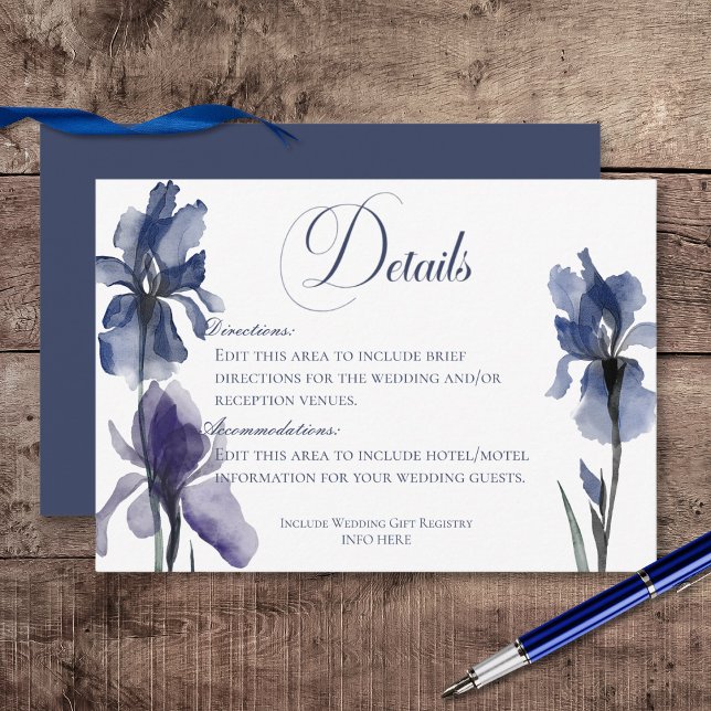 Carte D'accompagnement Fleurs Iris Bleues Détails du Mariage (Blue Iris Flowers Wedding Details Enclosure Card)