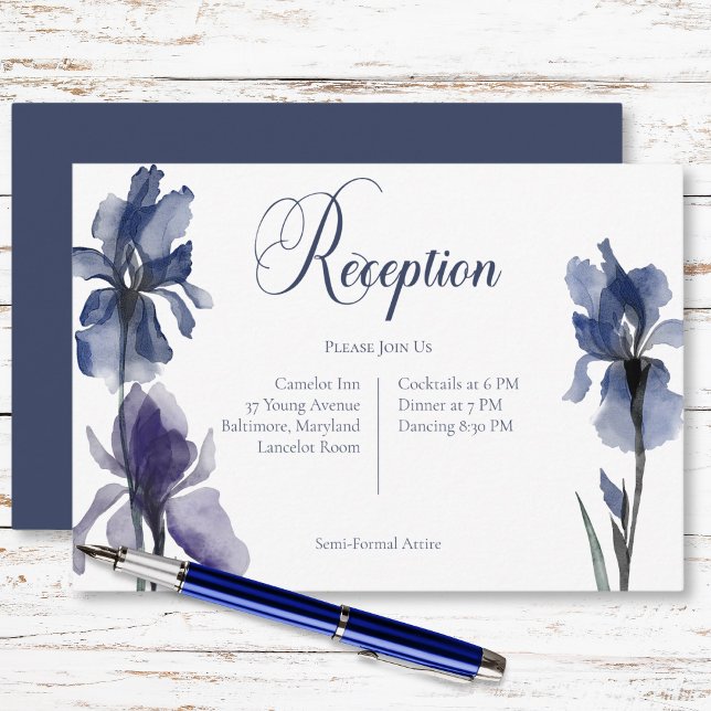 Carte D'accompagnement Fleurs Iris Bleues Mariage Réception Moderne (Blue Iris Flowers Wedding Modern Reception Enclosure Card)