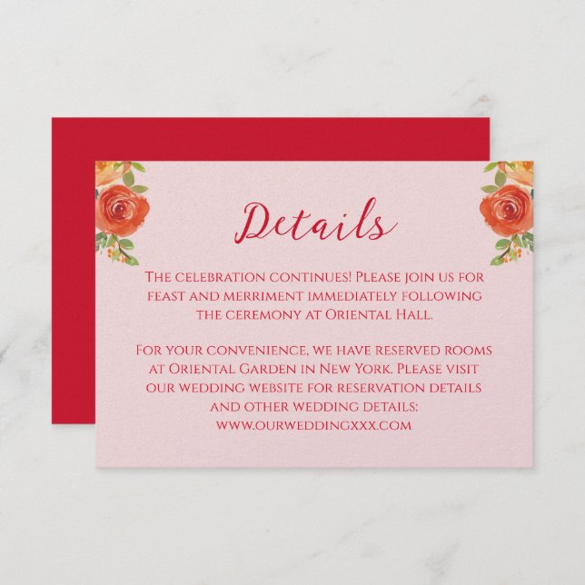 Carte D'accompagnement Fleurs jaunes oranges Détails du mariage chinois (Devant / Derrière)