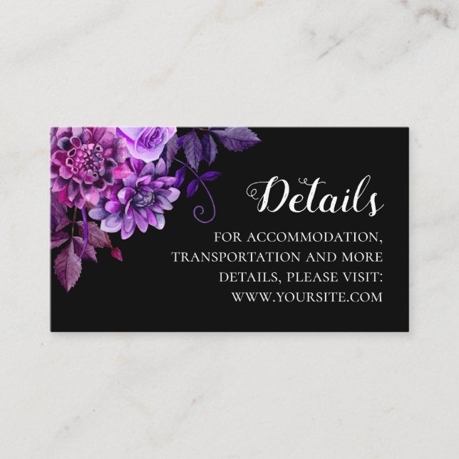 Carte D'accompagnement Fleurs noires et violettes détails mariages. Info (Devant)