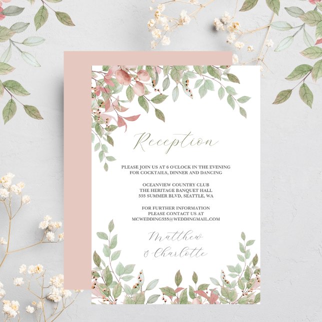 Carte D'accompagnement Fleurs printanières Aquarelle rose mariage récepti (Watercolor Leaves, Green & Pink Wedding Reception Enclosure Card)