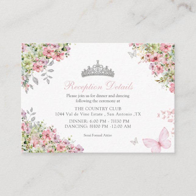 Carte D'accompagnement Fleurs rose et vert papillons (Devant)