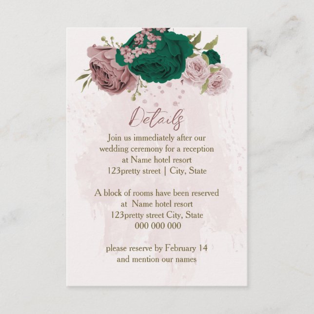 Carte D'accompagnement fleurs rose vert émeraude détails mariage (Devant)