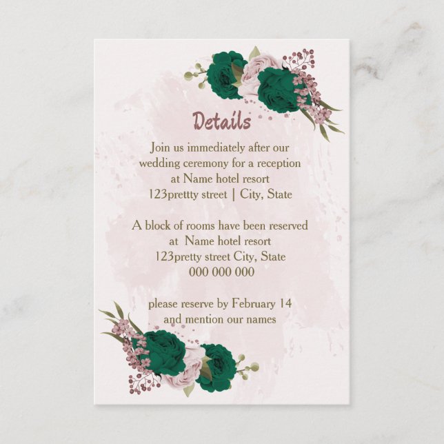 Carte D'accompagnement fleurs rose vert émeraude détails mariage (Devant)