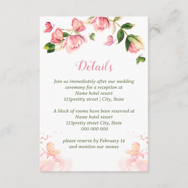 Carte D'accompagnement Fleurs roses chaudes vert feuille papillons mariag (Devant)