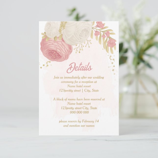 Carte D'accompagnement fleurs roses et blanches or mariage botanique (Debout devant)