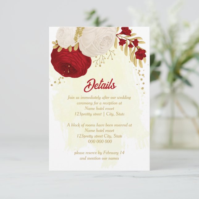 Carte D'accompagnement fleurs rouges et blanches foncées or mariage botan (Debout devant)