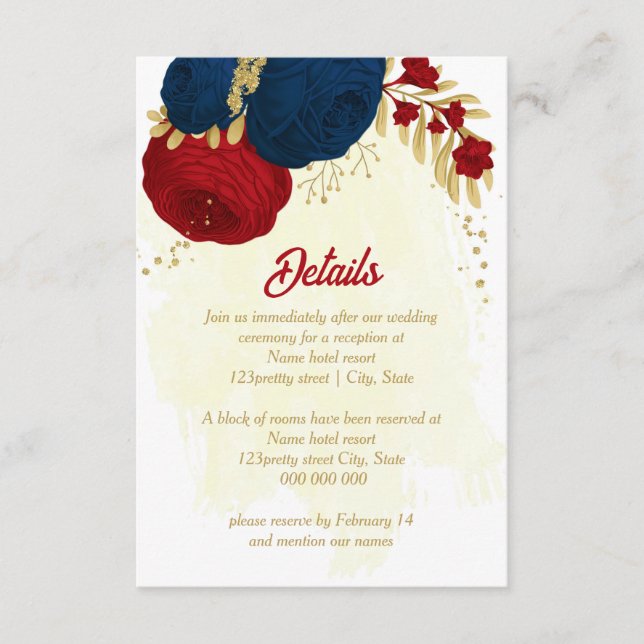 Carte D'accompagnement fleurs rouges et bleu marine or feuille mariage en (Devant)