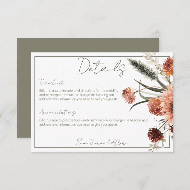 Carte D'accompagnement Fleurs rouilles en terre cuite rustique Détails (Devant / Derrière)