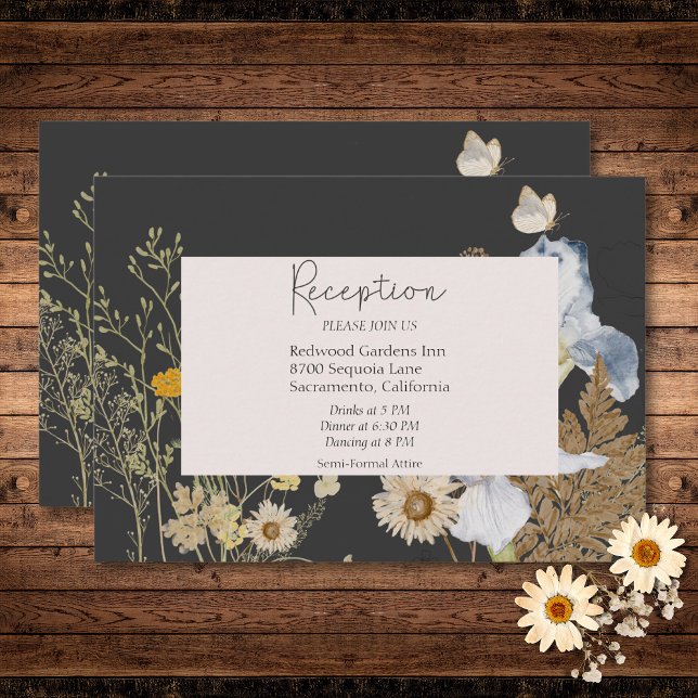 Carte D'accompagnement Fleurs sauvages à la réception de mariage au charb (Wildflowers on Charcoal Wedding Reception Enclosure Card)