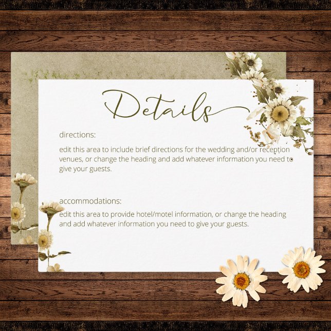 Carte D'accompagnement Fleurs sauvages d'été et marguerites Détails du Ma (Summer Wildflowers & Daisies Wedding Details Enclosure Card)