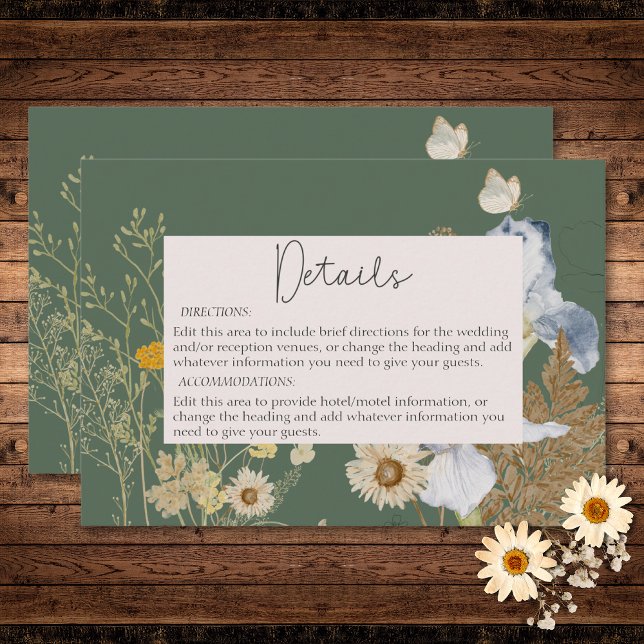 Carte D'accompagnement Fleurs sauvages sur Sage Détails du Mariage (Wildflowers on Sage Wedding Details Enclosure Card)