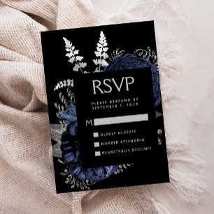 Carte D'accompagnement Fleurs Sombres Humeur Marine Argent Mariage RSVP