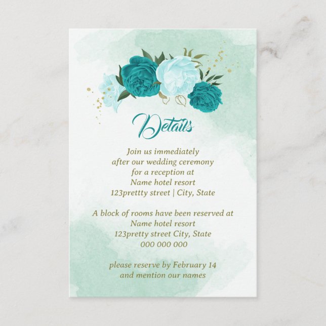 Carte D'accompagnement fleurs turquoise vert feuille (Devant)
