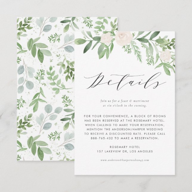 Carte D'accompagnement Fleurs vertes et blanches Détails du Mariage (Devant / Derrière)