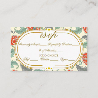 Carte D'accompagnement Fleurs Vintage Rouge Vert Ton Doré Mariage RSVP