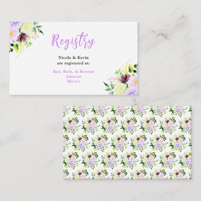 Carte D'accompagnement Fleurs violettes de printemps avec feuillage (Devant / Derrière)