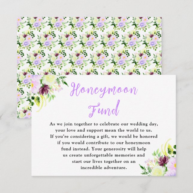Carte D'accompagnement Fleurs violettes de printemps avec feuillage (Devant / Derrière)