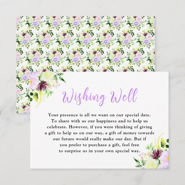 Carte D'accompagnement Fleurs violettes de printemps avec feuillage (Devant / Derrière)