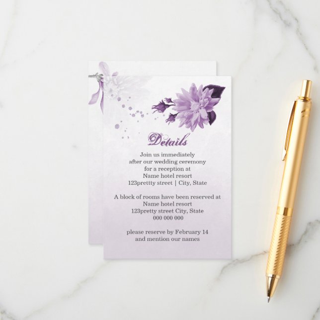 Carte D'accompagnement fleurs violettes détails botaniques (Devant/Arrière en situation)