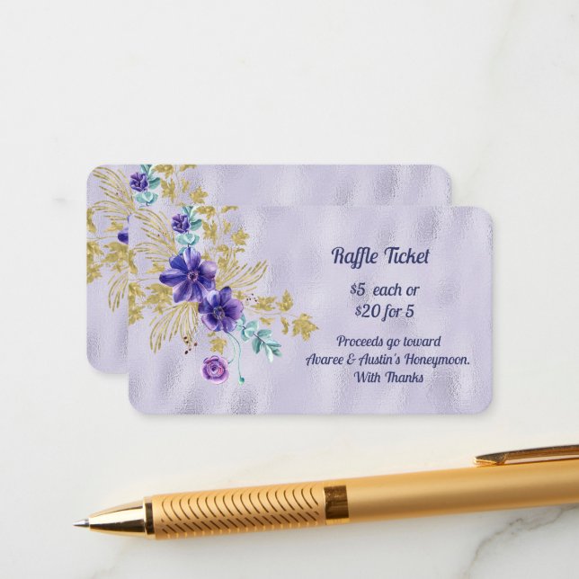Carte D'accompagnement Fleurs violettes et feuilles dorées Raffle en feui (Devant/Arrière en situation)