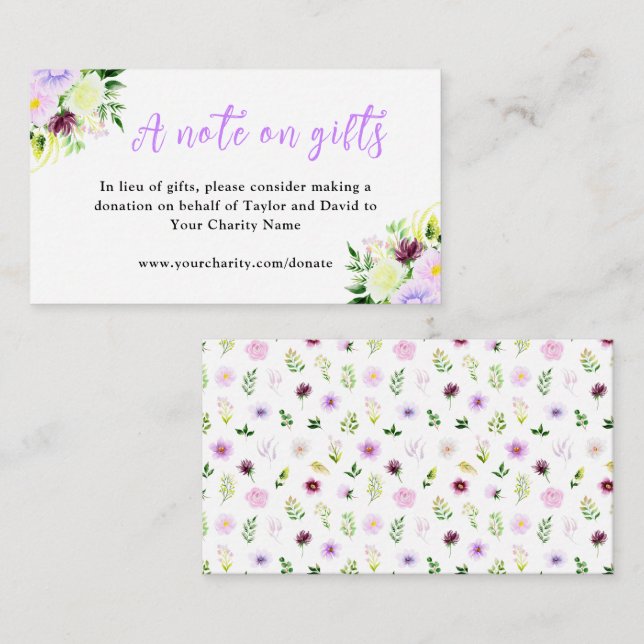 Carte D'accompagnement Fleurs violettes et Mariage de feuillage Une note  (Devant / Derrière)