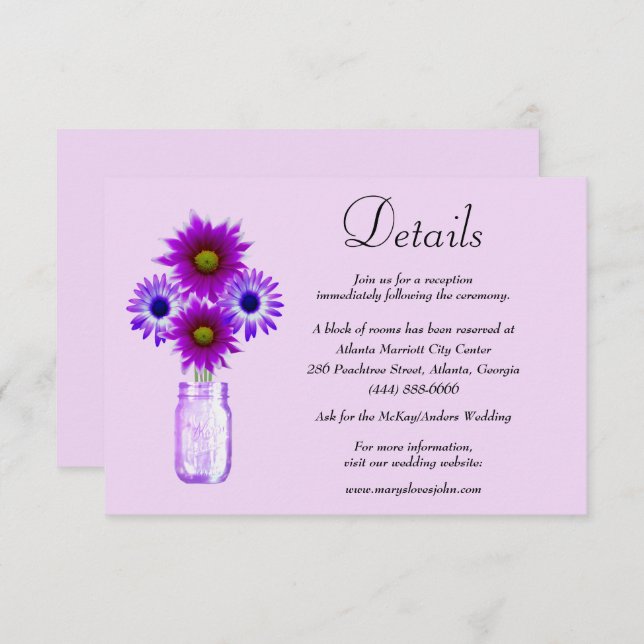 Carte D'accompagnement Fleurs violettes Mason Jar Détails du Mariage (Devant / Derrière)
