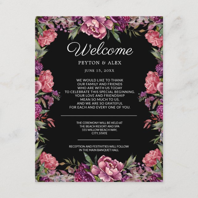 Carte D'accompagnement Fleurs violettes roses sur fond noir pour mariage  (Devant)