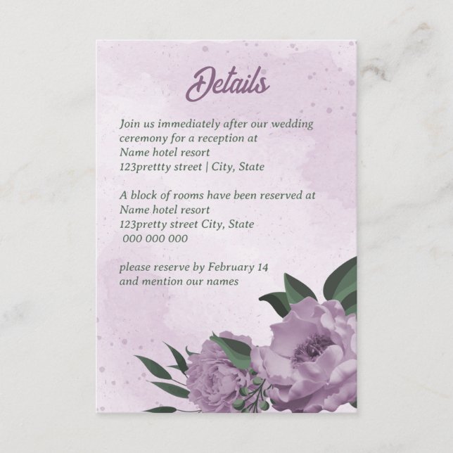 Carte D'accompagnement fleurs violettes verdure mariage botanique (Devant)