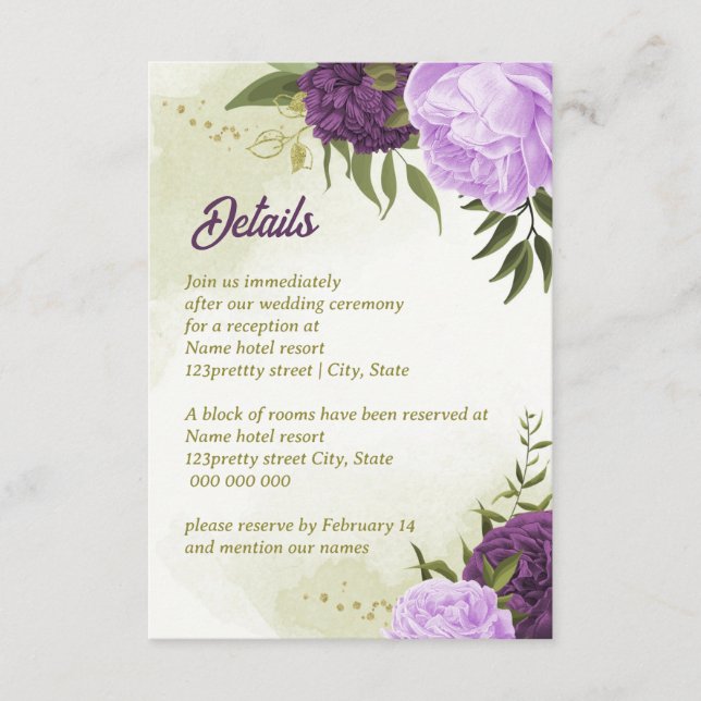 Carte D'accompagnement fleurs violettes vert feuilles (Devant)