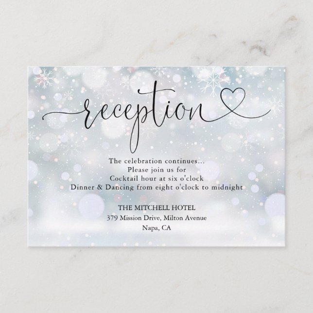 Carte D'accompagnement Flocons de Neige Coeur Script Mariage Réception (Devant)