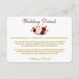 Carte D'accompagnement Floral Bourgogne Gold Détails du Mariage Insérer u