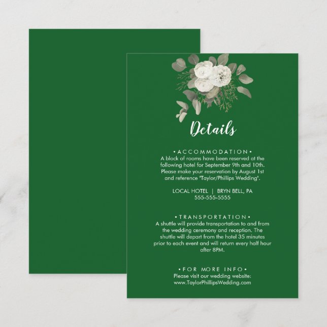Carte D'accompagnement Floral d'hiver | Détails du Mariage vert (Devant / Derrière)