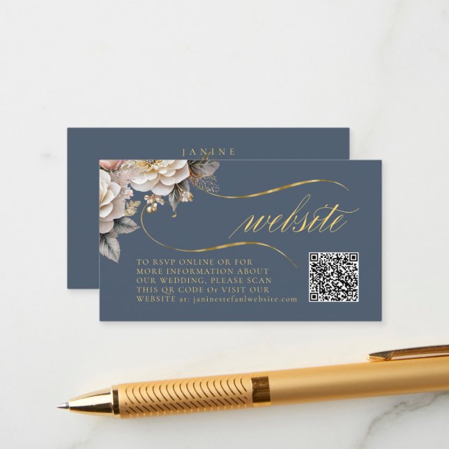 Carte D'accompagnement Floral Drama Mariage QR Code bleu ID1022 (Devant/Arrière en situation)