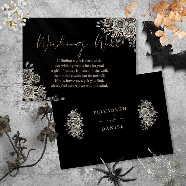 Carte D'accompagnement Floral Gothique Noir Et Or Bien Mariage (Black And Gold Gothic Floral Wishing Well Wedding Enclosure Card)