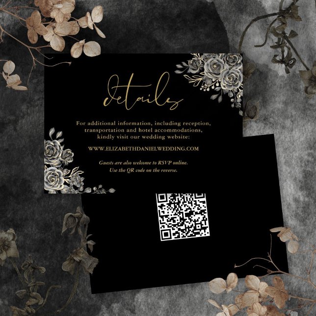 Carte D'accompagnement Floral gothique QR Code Gold Détails du Mariage (Floral Gothic QR Code Gold Wedding Details Enclosure Card)