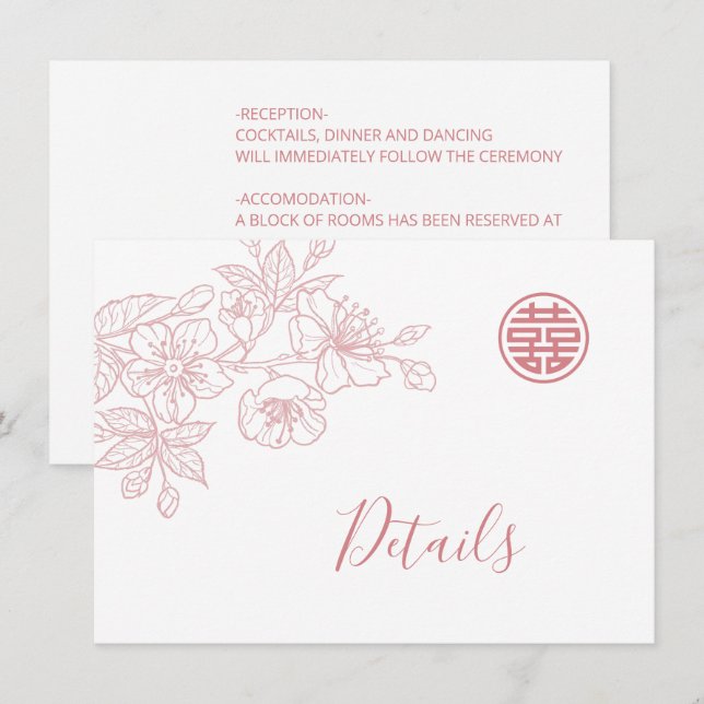 Carte D'accompagnement Floral Line Art Blush chinois Détails du Mariage (Devant / Derrière)