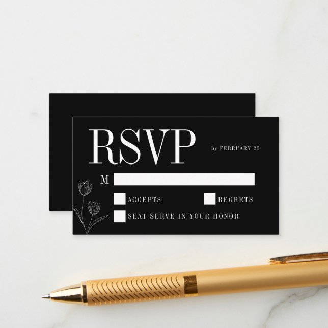 Carte D'accompagnement Floral Line Art Rustic Black Elegant Wedding RSVP (Devant/Arrière en situation)