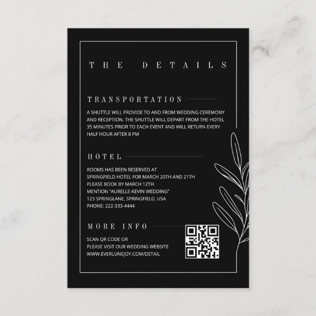 Carte D'accompagnement Floral Line Rustic Black Elegant Wedding Details (Devant)
