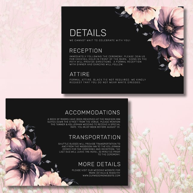 Carte D'accompagnement Floral Moderne Elégant noir rose Mariage Détails (Modern Elegant Black Pink Wedding Details Enclosure Card)