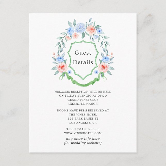 Carte D'accompagnement Floral Monogram Crest Mariage Détails sur l'invité (Devant)