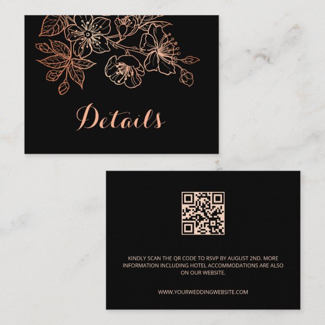 Carte D'accompagnement Floral Noir Et Cuivre | QR Code Goth Mariage (Devant / Derrière)