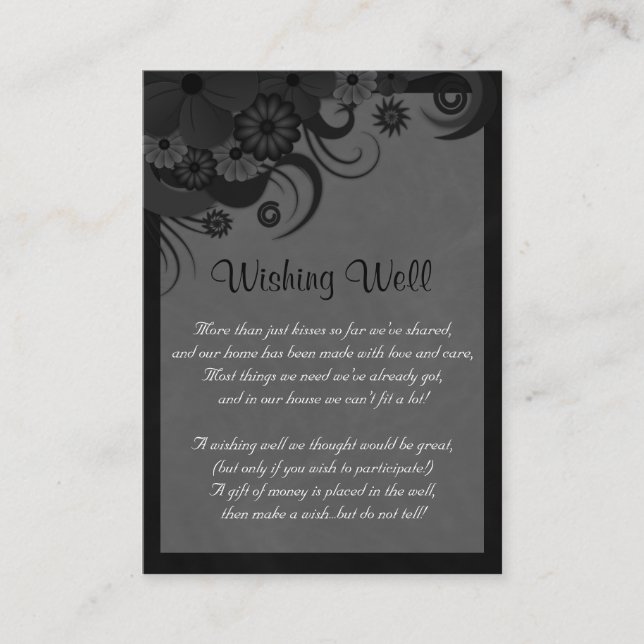 Carte D'accompagnement Floral noir et gris Mariage Wishing well (Devant)