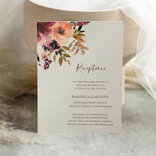 Carte D'accompagnement Floral Orange Bourgogne | Accueil Mariage Beige (Créateur téléchargé)