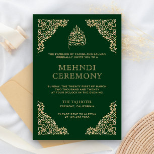 Carte D'accompagnement Floral Orné Vert et Or Musulman Musulman Mehndi
