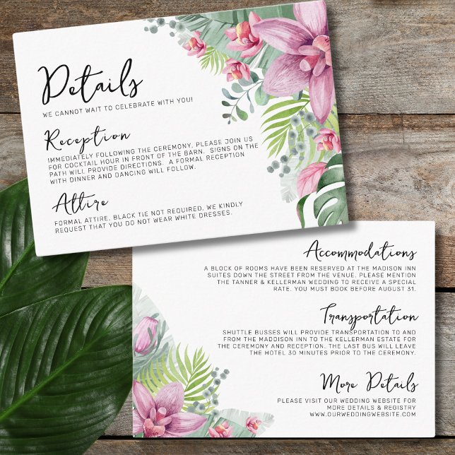 Carte D'accompagnement Floral Palm Tropical Détails du Mariage (Floral Palm Tropical Wedding Details Enclosure Card)
