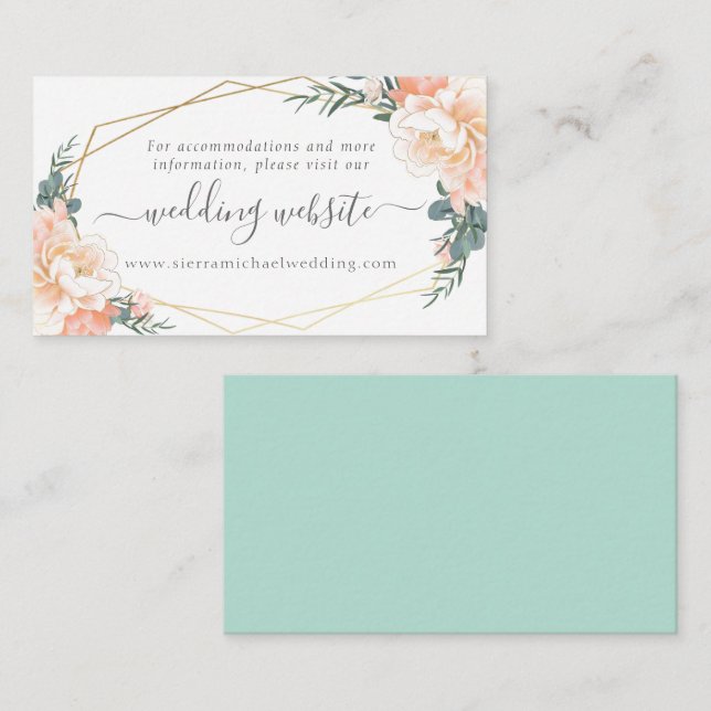 Carte D'accompagnement Floral Peach Cream Gold Mint Green Mariage Website (Devant / Derrière)