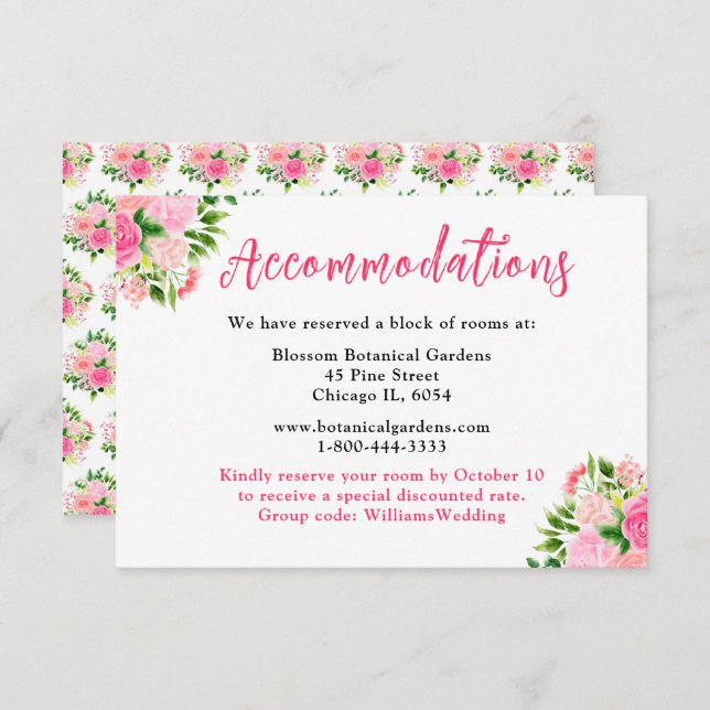Carte D'accompagnement Floral Pink Roses Wedding Accommodations  (Devant / Derrière)