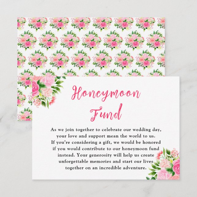 Carte D'accompagnement Floral Pink Roses Wedding Honeymoon Fund (Devant / Derrière)