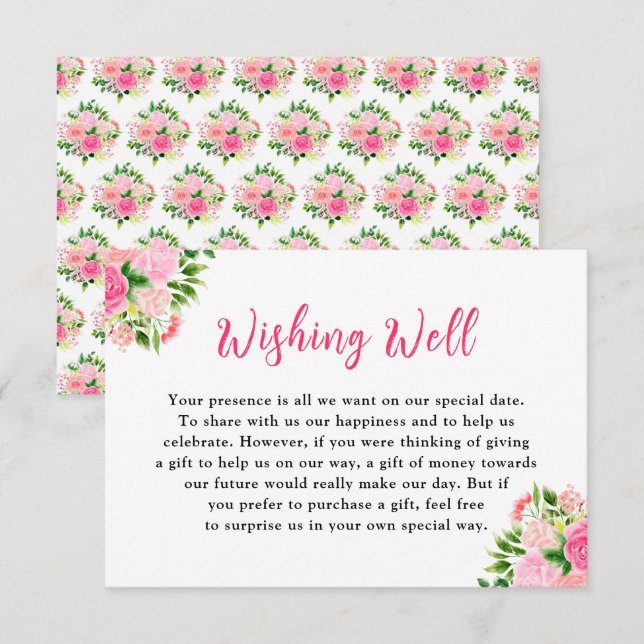 Carte D'accompagnement Floral Pink Roses Wedding Wishing Well (Devant / Derrière)